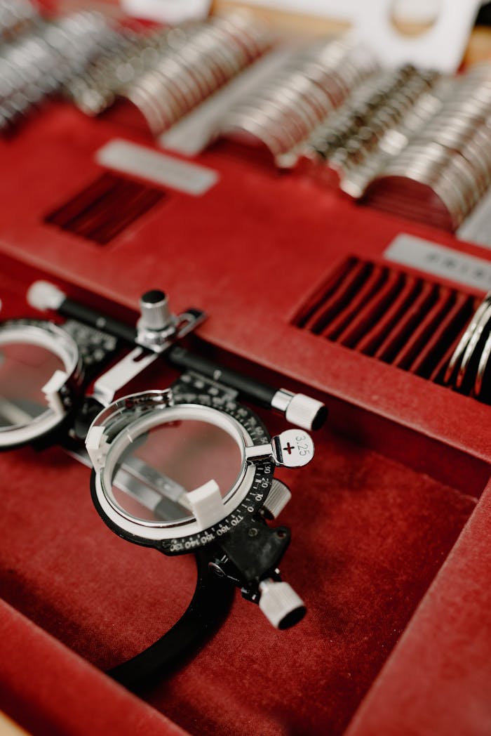 From above of metal rim and ophthalmic trial lens set in red box in ophthalmological office